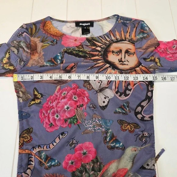 Desigual Women's M Sheer Mesh Top Blue Celestial Nature L/S Ruched Lettuce Edge - Picture 6 of 7